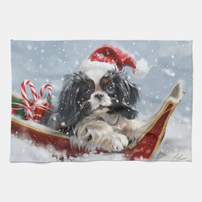 Japanese Chin Dog Christmas Festive Kitchen Towel (Horizontal)