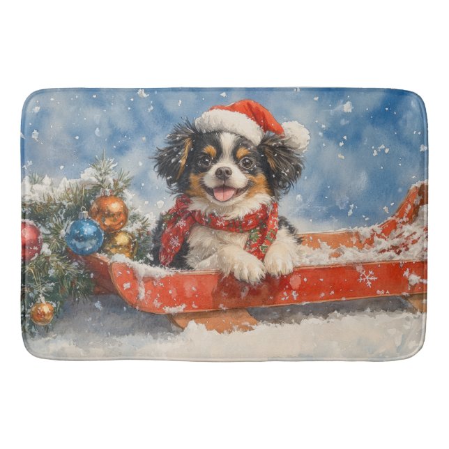 Japanese Chin Dog in Sledge Let it Snow Christmas Bath Mat (Front)