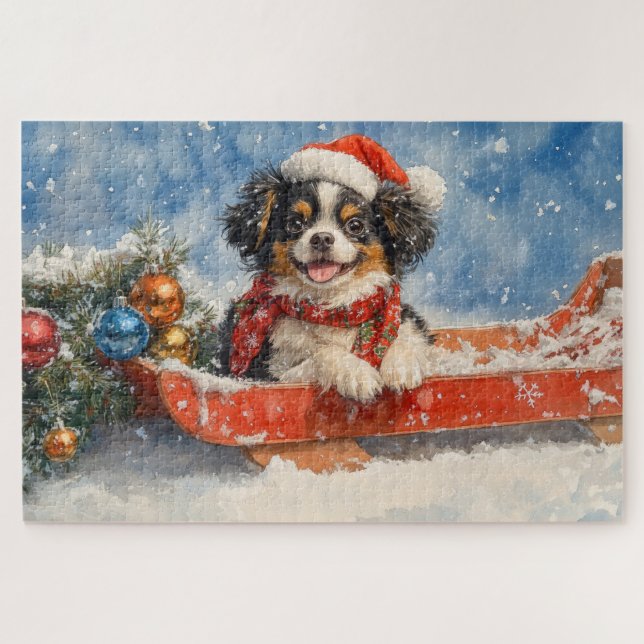 Japanese Chin Dog in Sledge Let it Snow Christmas Jigsaw Puzzle (Horizontal)