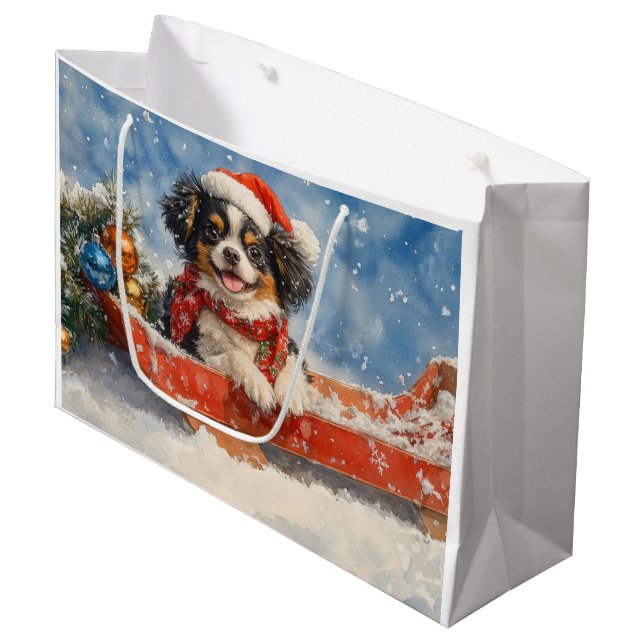 Japanese Chin Dog in Sledge Let it Snow Christmas Large Gift Bag (Front Angled)