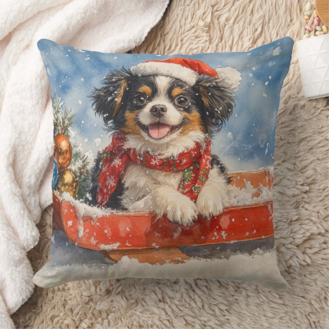 Japanese Chin Dog in Sledge Let it Snow Christmas Throw Pillow (Blanket)