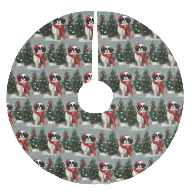 Japanese Chin Dog in Snow Christmas  Brushed Polyester Tree Skirt (Front)