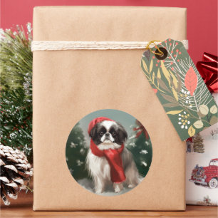 Japanese Chin Dog in Snow Christmas  Classic Round Sticker