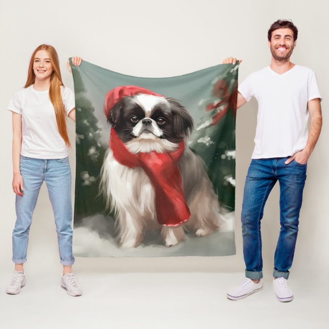 Japanese Chin Dog in Snow Christmas  Fleece Blanket (In Situ)