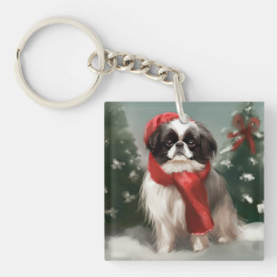 Japanese Chin Dog in Snow Christmas Keychain
