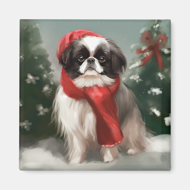 Japanese Chin Dog in Snow Christmas  Magnet (Front)
