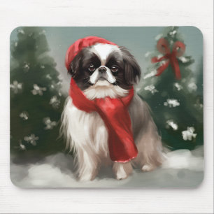 Japanese Chin Dog in Snow Christmas Mouse Pad