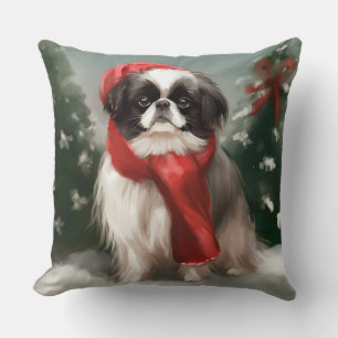 Japanese Chin Dog in Snow Christmas  Throw Pillow