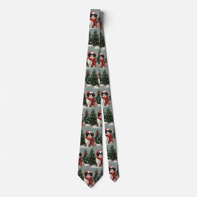 Japanese Chin Dog in Snow Christmas  Tie (Front)