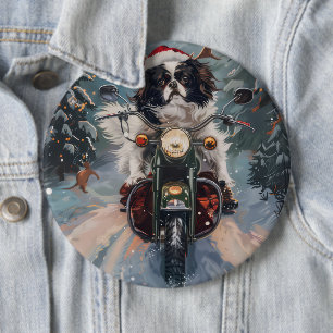 Japanese Chin Dog Riding Motorcycle Christmas 6 Inch Round Button