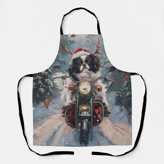 Japanese Chin Dog Riding Motorcycle Christmas Apron (Front)