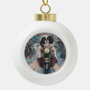 Japanese Chin Dog Riding Motorcycle Christmas Ceramic Ball Christmas Ornament