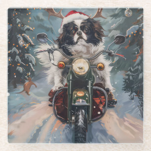 Japanese Chin Dog Riding Motorcycle Christmas Glass Coaster