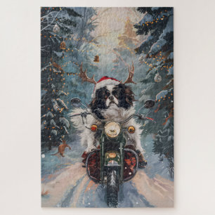 Japanese Chin Dog Riding Motorcycle Christmas Jigsaw Puzzle