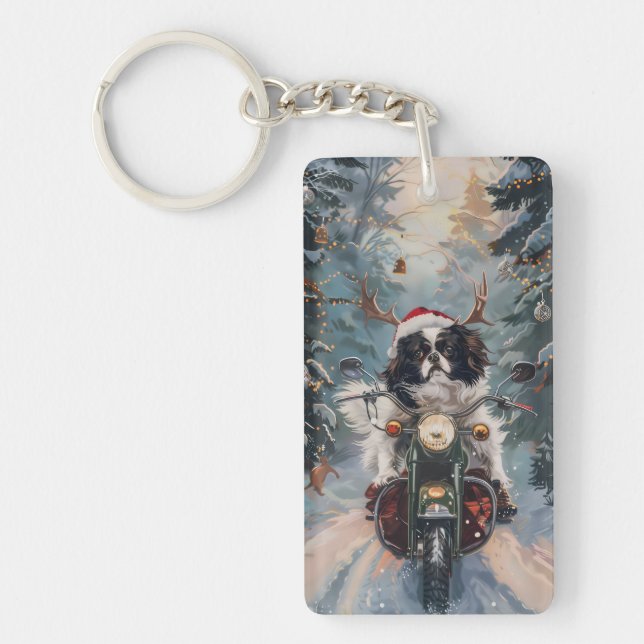 Japanese Chin Dog Riding Motorcycle Christmas Keychain (Front)