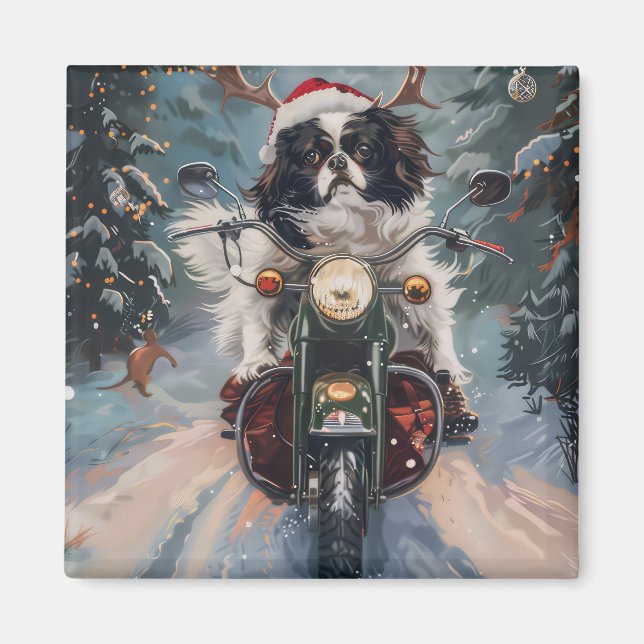 Japanese Chin Dog Riding Motorcycle Christmas Magnet (Front)