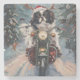Japanese Chin Dog Riding Motorcycle Christmas Stone Coaster