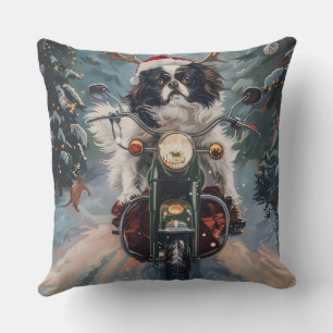 Japanese Chin Dog Riding Motorcycle Christmas Throw Pillow