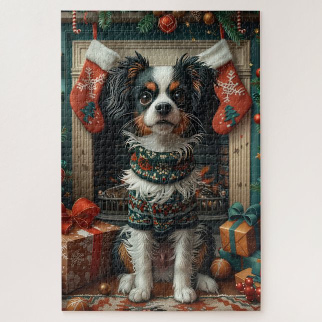 Japanese Chin Dog With Christmas Gifts Fireplace Jigsaw Puzzle (Vertical)