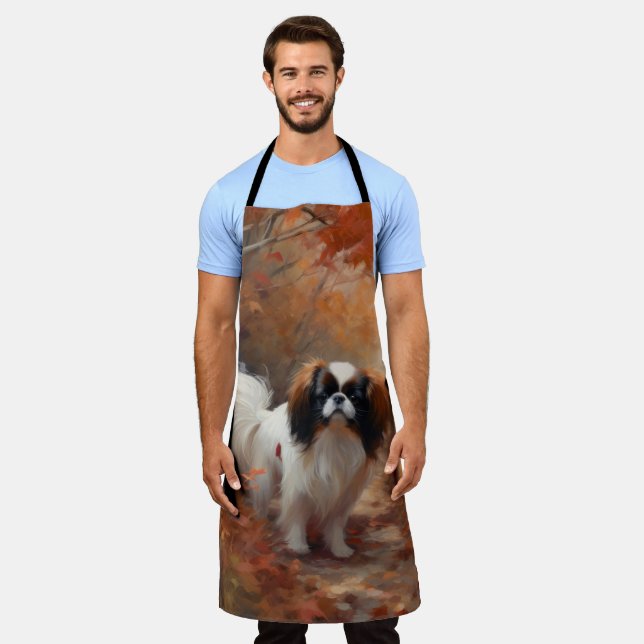 Japanese Chin in Autumn Leaves Fall Inspire Apron (Worn)