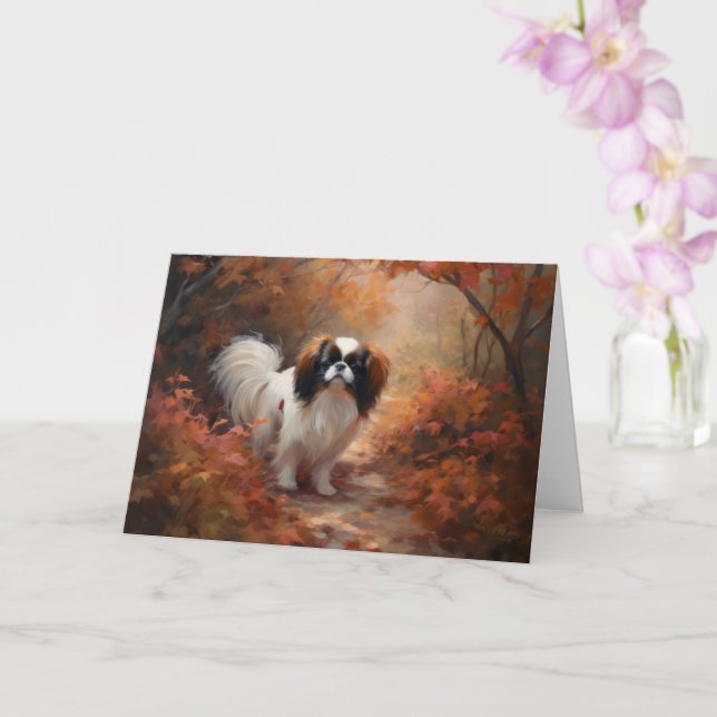 Japanese Chin in Autumn Leaves Fall Inspire Card (Orchid)