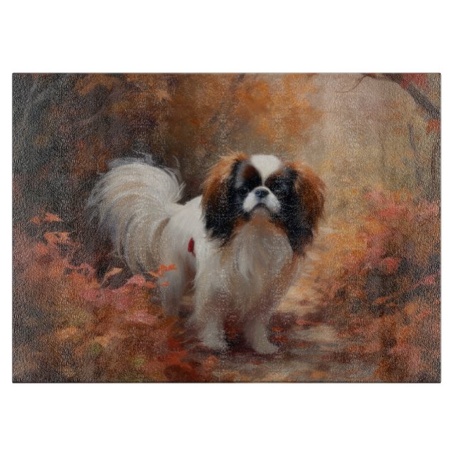 Japanese Chin in Autumn Leaves Fall Inspire Cutting Board (Front)