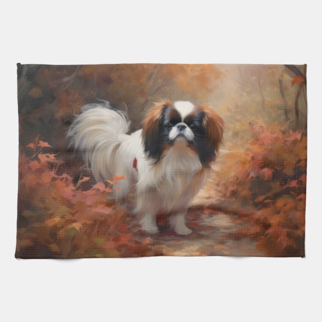 Japanese Chin in Autumn Leaves Fall Inspire Kitchen Towel (Horizontal)