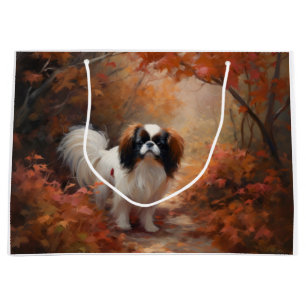 Japanese Chin in Autumn Leaves Fall Inspire Large Gift Bag