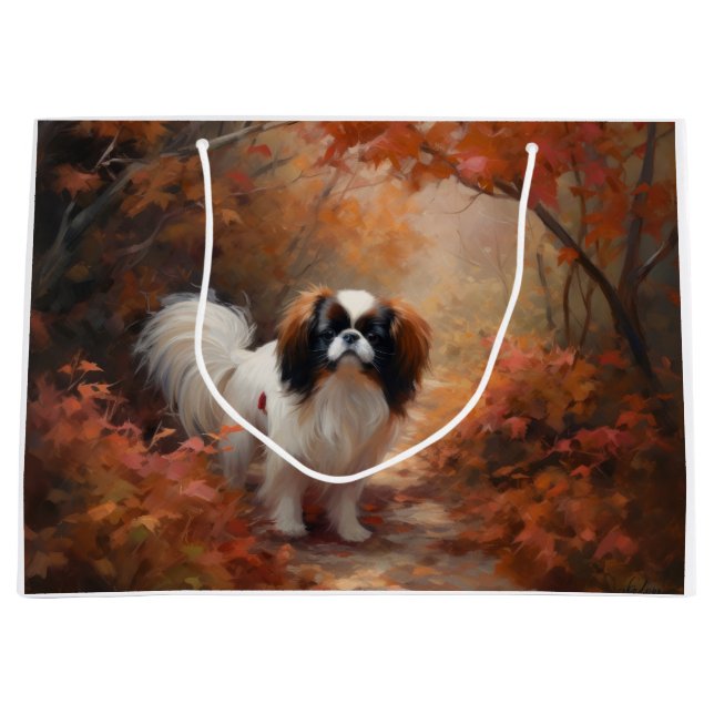 Japanese Chin in Autumn Leaves Fall Inspire Large Gift Bag (Front)