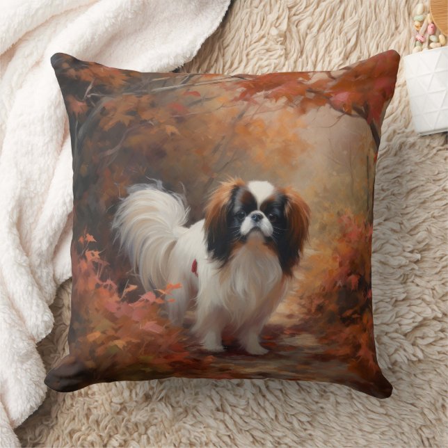 Japanese Chin in Autumn Leaves Fall Inspire Throw Pillow (Blanket)