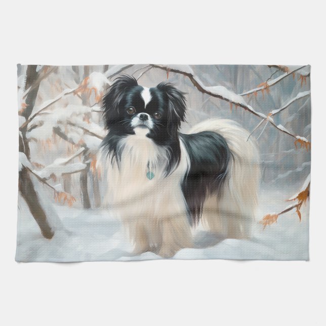 Japanese Chin Let It Snow Christmas Kitchen Towel (Horizontal)