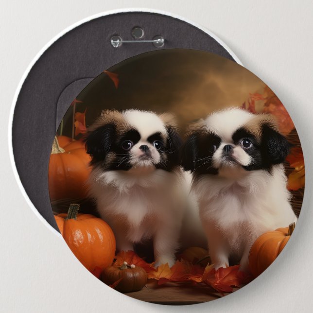 Japanese Chin Puppy Autumn Delight Pumpkin  6 Inch Round Button (Front & Back)