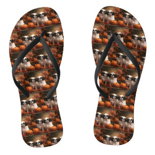 Japanese Chin Puppy Autumn Delight Pumpkin  Flip Flops