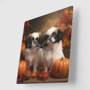 Japanese Chin Puppy Autumn Delight Pumpkin  Square Wall Clock