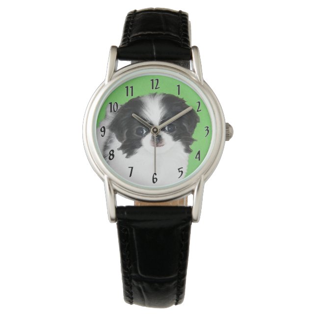 Japanese Chin Puppy Painting - Dog Art Watch (Front)