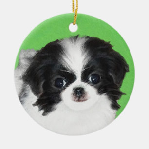 Japanese Chin Puppy Painting - Original Dog Art Ceramic Ornament
