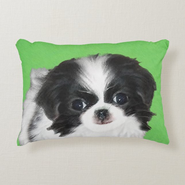 Japanese Chin Puppy Painting - Original Dog Art Decorative Pillow (Front)