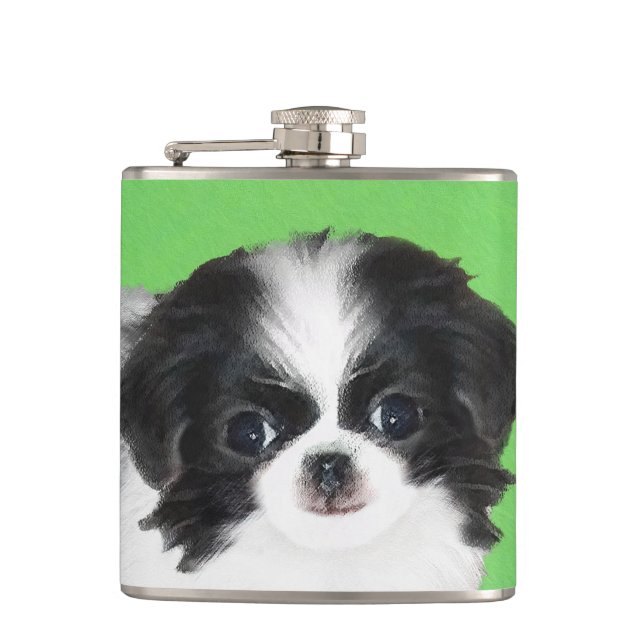Japanese Chin Puppy Painting - Original Dog Art Hip Flask (Front)