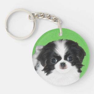 Japanese Chin Puppy Painting - Original Dog Art Keychain