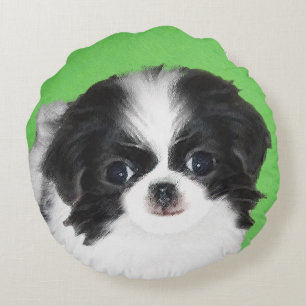 Japanese Chin Puppy Painting - Original Dog Art Round Pillow