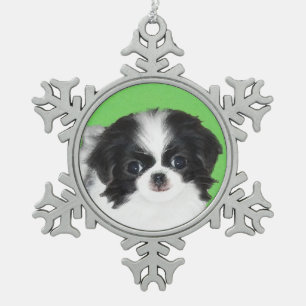 Japanese Chin Puppy Painting - Original Dog Art Snowflake Pewter Christmas Ornament