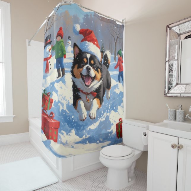 Japanese Chin Running in Snow with Christmas Hat (In Situ)