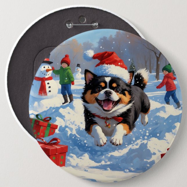 Japanese Chin Running in Snow with Christmas Hat 6 Inch Round Button (Front & Back)