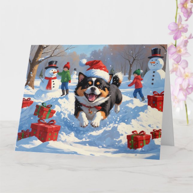 Japanese Chin Running in Snow with Christmas Hat Card (Orchid)