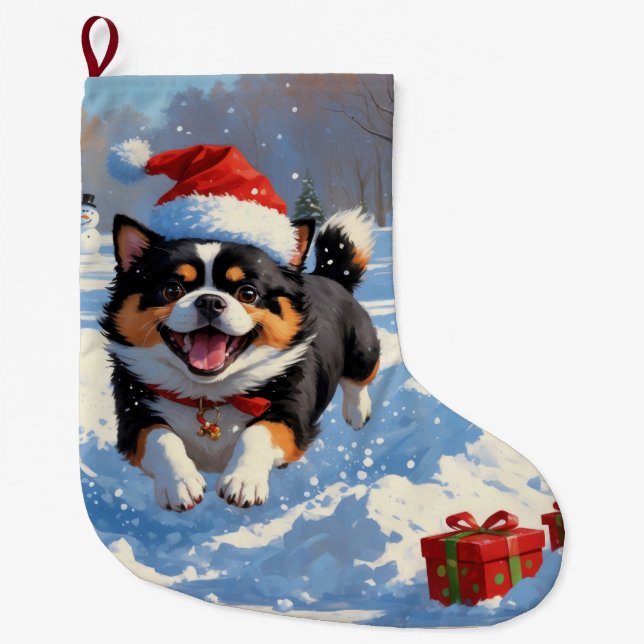 Japanese Chin Running in Snow with Christmas Hat Large Christmas Stocking (Front)