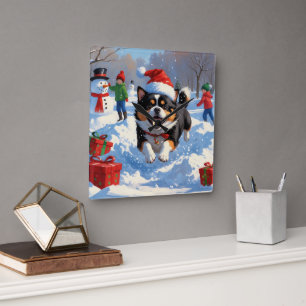 Japanese Chin Running in Snow with Christmas Hat Square Wall Clock