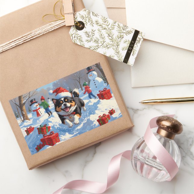 Japanese Chin Running in Snow with Christmas Hat Sticker (Gifting)