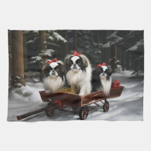 Japanese Chin Snowy Sleigh Christmas Decor Kitchen Towel