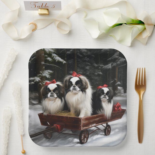 Japanese Chin Snowy Sleigh Christmas Decor Paper Plate (Wedding)