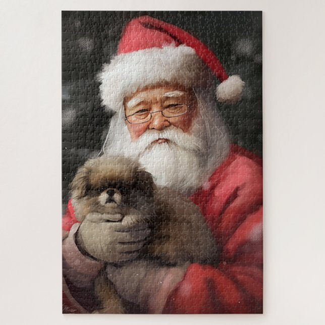 Japanese Chin With Santa Claus Festive Christmas Jigsaw Puzzle (Vertical)